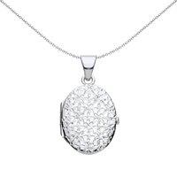 Jewelco London Women's Silver Engraved Helix Butterfly Quilt Oval Locket Necklace 18"