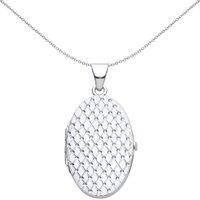 Jewelco London Women's Silver Engraved Diamond Quilted Mesh Oval Locket Pendant Necklace