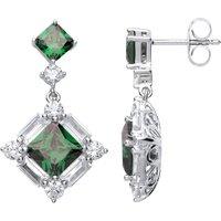 Jewelco London Women's Silver Green Princess Cut CZ Square Frame Drop Earrings