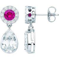 Jewelco London Women's Silver Red Pear CZ Raindrop Halo Cluster Solitaire Drop Earrings