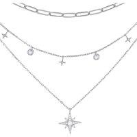 Jewelco London Women's Silver CZ Floating Star Charms Paperclip Necklace 19" - GVK373 in White