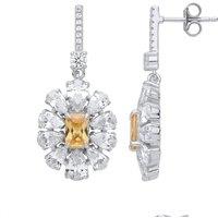 Jewelco London Women's Silver Yellow Rectangular & Pear CZ Popcorn Flower Drop Earrings