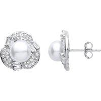 Jewelco London Women's Silver CZ Pearl Full Moon Floral Stud Earrings 7mm