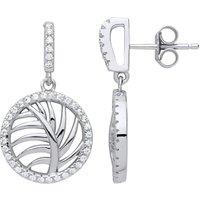 Jewelco London Women's Silver CZ Palm Tree Leaf Halo Drop Earrings