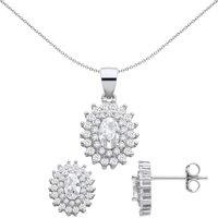 Jewelco London Women's 925 Silver Oval CZ Double Oval Halo Cluster Earrings Necklace Set