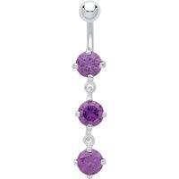 Jewelco London Women's Silver Purple CZ Trilogy Chandelier Drop Steel Belly Bar & Ball