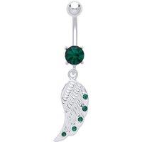Jewelco London Women's Silver Green Crystal CZ Angel Wing with Steel Belly Bar & Ball