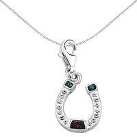 Jewelco London Women's Sterling Silver Green Purple Crystal Lucky Horseshoe Link Charm