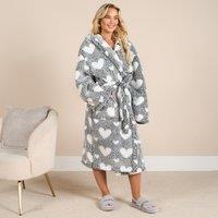 OHS Women's Teddy Dressing Gown Marl Heart Star Warm Soft Cosy Longewear Robe in Black