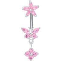 Jewelco London Women's Silver Pink CZ Buttefly Starfish Daisy Steel Belly Bar & Ball