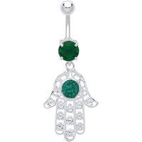 Jewelco London Women's Silver Green Crystal CZ Hamsa with Steel Belly Bar & Ball