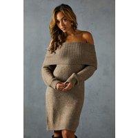 MissPap Women's Premium Knit Bardot Foldover Jumper Dress in Mocha | Size: Medium