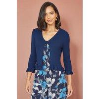 Yumi Women's Navy Tie Up Ribbed Cardigan With Frill Hem | Size: Medium