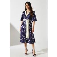 Short Sleeve Satin Polka-Dot Wrap Dress