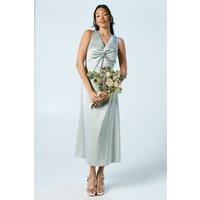 Oasis Women's Twist V Neck Tie Back Satin Bridesmaid Midi Dress in Sage | Size: 10
