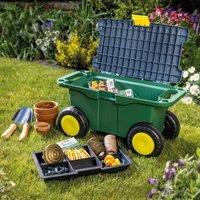 mysmartbuy Garden Tool Trolley & Seat - Plastic Storage Cart Box with 4 Wheels, 2 Handles, Clasp Lid & Removeable Tray - H30 x W55 x D27cm in Green