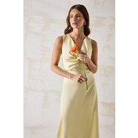 Oasis Women's Twist V Neck Tie Back Satin Bridesmaid Midi Dress in Butter | Size: 12