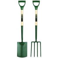 Pegdev Ergonomic Steel Garden Spade & Fork Set Single-Piece Construction Professional Grade in Dark Green