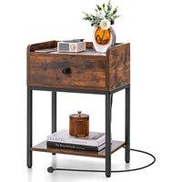 Gymax Industrial Bedside End Table Nightstand With Charging Station & Drawer in Brown