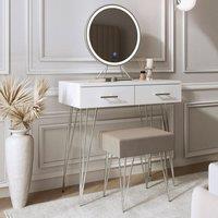 CARME HOME Olivia White Dressing Table with Stool Set with Touch Sensor LED Mirror
