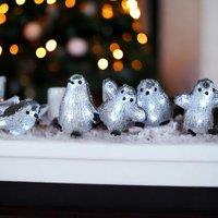 mysmartbuy 5 x Acrylic Light Up Penguin Ornaments - Battery Powered Indoor Outdoor Illuminated Christmas Decorations with 8 LEDs & Timer in Silver
