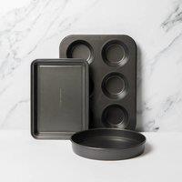 MasterClass 3pc Non-Stick Baking Pan Bundle, Includes Muffin Pan, 23cm Loose Base Sandwich Pan & Brownie Pan in Grey