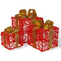 mysmartbuy Set of 3 Indoor or Outdoor LED Light Up Christmas Boxes with Timer - Battery Powered Gift Present Box Illuminated Xmas Decorations in Red