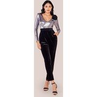 Goddiva Women's Liquid Sequin Jumpsuit With Corsage in Silver | Size: 12