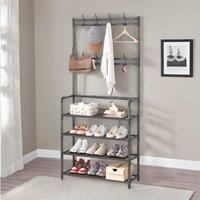 Rafaelo Mobilia Industrial Metal Hall Tree Shoe Rack with Clothes Hangers in Black