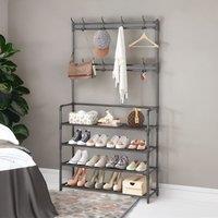 Rafaelo Mobilia Wide Industrial Metal Hall Tree Shoe Rack with Clothes Hangers in Black