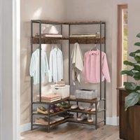 Rafaelo Mobilia Industrial L-Shaped Hall Tree Coat Rack Stand With Shoe Storage Shelves in Brown