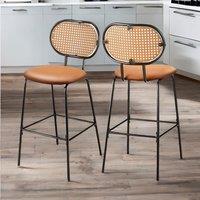 Rafaelo Mobilia Set Of 2 Faux Leather Bar Stools With Rattan Back Brown