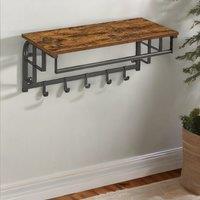 Rafaelo Mobilia Wall Mounted Floating Shelf With Hanging Rail & Hooks in Brown