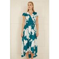 Yumi Women's Green Blossom Print Wrap Midi With Dipped Hem | Size: 20