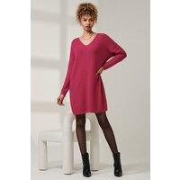 Jolie Moi Women's V-Neck Ribbed Knit Tunic Jumper in Raspberry | Size: S/M