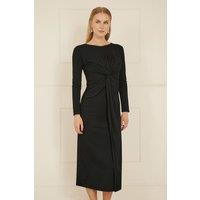 Yumi Women's Black Midi Fitted Stretch Dress With Knot Detail | Size: 10