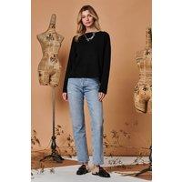 Jolie Moi Women's Round Neck Vertical Line Knit Top in Black | Size: Medium/Large