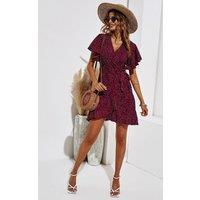 FS Collection Women's Polka Dot Mini Wrap Style Dress in Wine | Size: XS