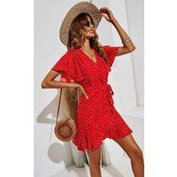 FS Collection Women's Polka Dot Mini Wrap Style Dress in Red | Size: XS
