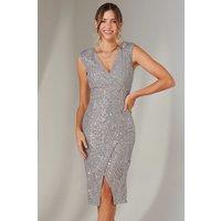 Jolie Moi Women's Demi Sequin Wrap Slit Bodycon Dress in Grey | Size: 8
