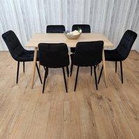 KOSY KOALA Rectangle Oak Effect Kitchen Dining Table With 6 Black Velvet Tufted Chairs Dining Set