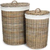 Red Hamper Set of 2 Round Rattan Laundry Hamper Basket with White Lining in Natural | Size: 2 Pack