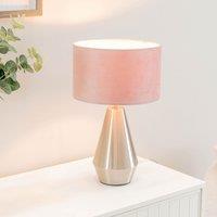 ValueLights Jax Brushed Chrome Dimmable Touch Table Lamp with Velvet Drum Shade & LED Bulb in Baby Pink