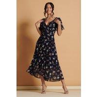 Jolie Moi Women's Angel Sleeve Pleated Chiffon Maxi Dress in Navy | Size: 12
