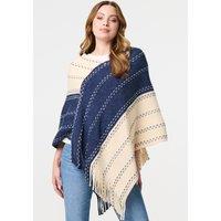 Izabel London Women's Striped Tassel Trim Oversized Poncho in Blue | Size: 8-10