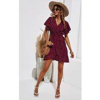FS Collection Women's Polka Dot Mini Wrap Style Dress in Wine | Size: Small