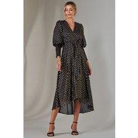 Jolie Moi Women's Metallic Spot Print Puffy Sleeve Maxi Dress in Navy | Size: 8
