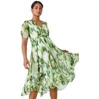 Roman Women's Abstract Chiffon Hanky Hem Asymmetric Dress in Green | Size: 18