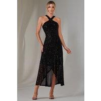 Jolie Moi Women's Cross Neck Frill Hem Maxi Dress in Black | Size: 16