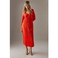 Crinkle Satin Ruched Front Column Midi Dress
